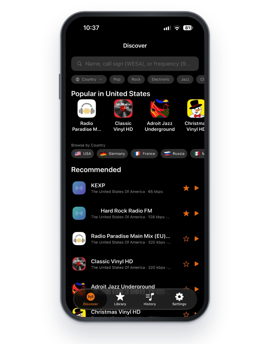 MotoWave’s station discovery screen on iPhone